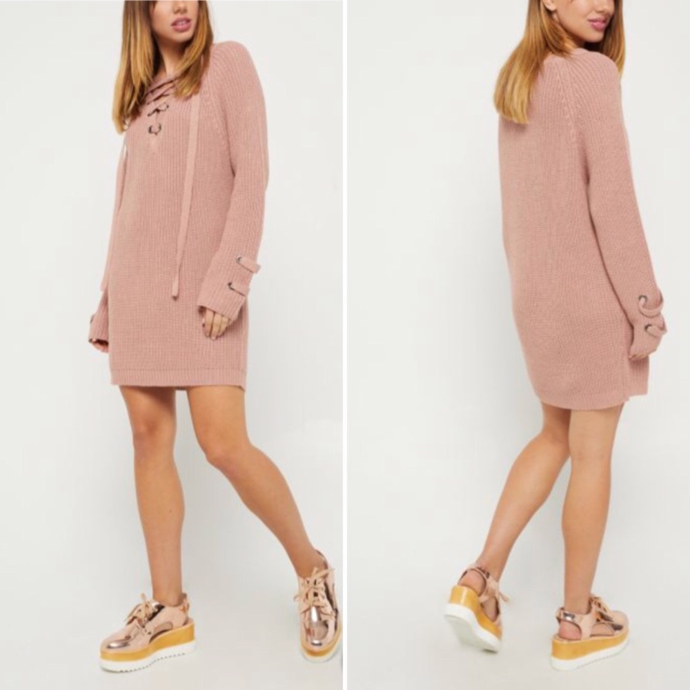 Polly&esther Nude pink lace up sweater dress